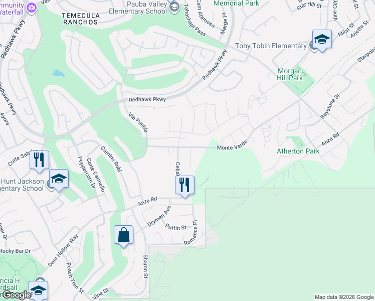 map of restaurants, bars, coffee shops, grocery stores, and more near 45805 Ambara Court in Temecula