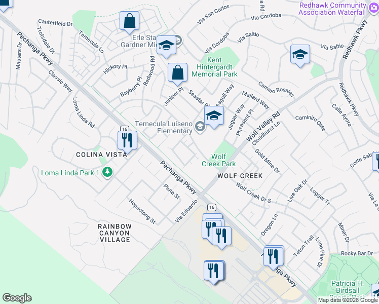map of restaurants, bars, coffee shops, grocery stores, and more near 45764 Klamath Court in Temecula