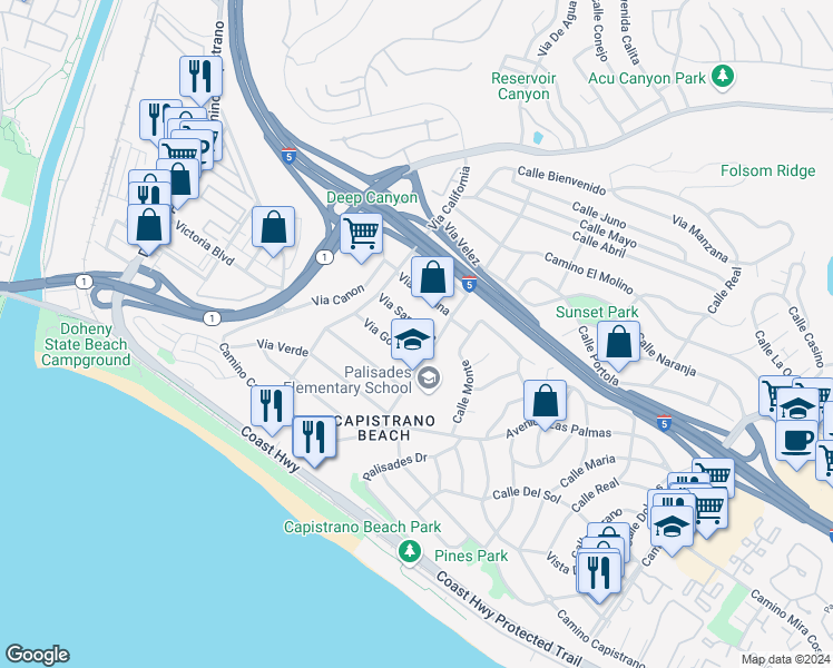 map of restaurants, bars, coffee shops, grocery stores, and more near 26509 Via Sacramento in Dana Point