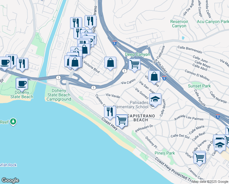 map of restaurants, bars, coffee shops, grocery stores, and more near 26224 Via California in Dana Point