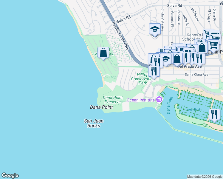 map of restaurants, bars, coffee shops, grocery stores, and more near 34385 Dana Strand Road in Dana Point