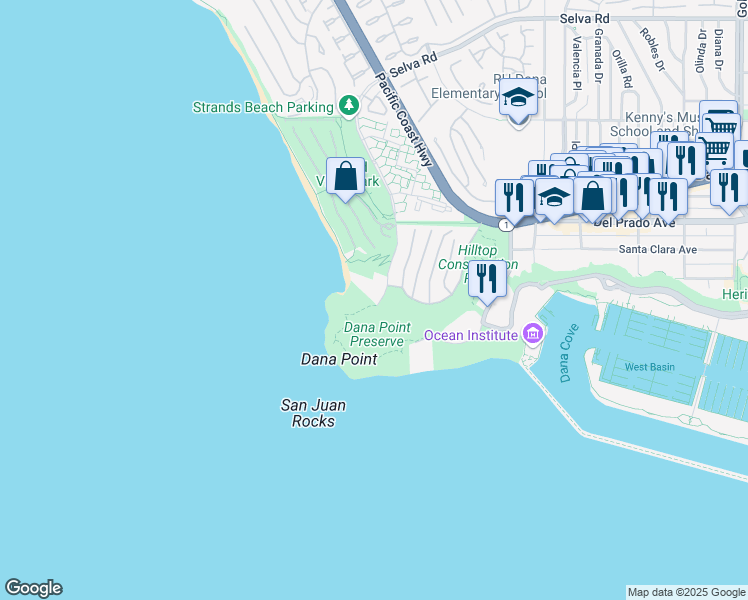 map of restaurants, bars, coffee shops, grocery stores, and more near 34385 Dana Strand Road in Dana Point