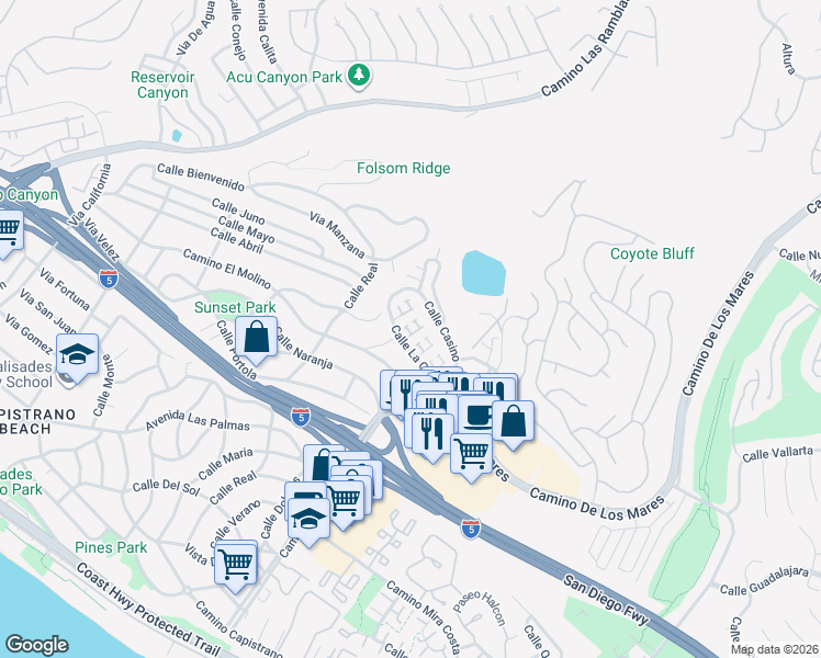 map of restaurants, bars, coffee shops, grocery stores, and more near 717 Calle Perlino in San Clemente