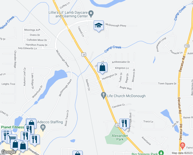 map of restaurants, bars, coffee shops, grocery stores, and more near 116 Rankin Circle in McDonough