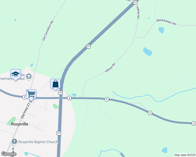 map of restaurants, bars, coffee shops, grocery stores, and more near 225 Hilltop Road in Roopville