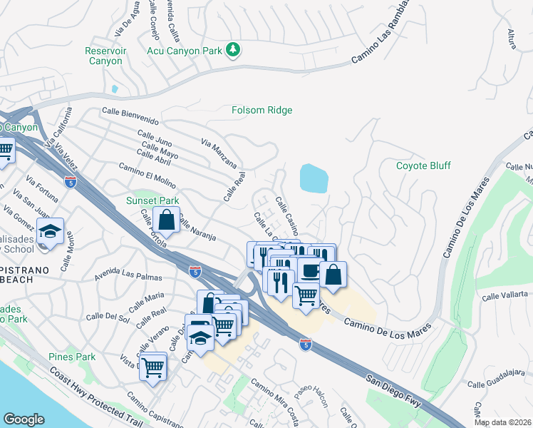 map of restaurants, bars, coffee shops, grocery stores, and more near 717 Calle Perlino in San Clemente