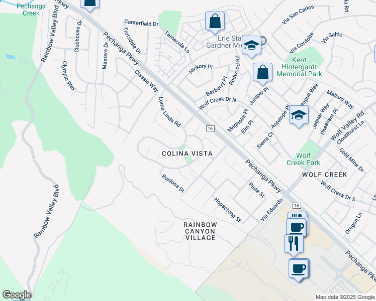 map of restaurants, bars, coffee shops, grocery stores, and more near 31117 El Torito Court in Temecula