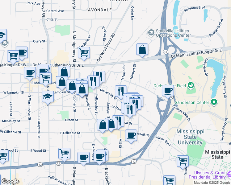 map of restaurants, bars, coffee shops, grocery stores, and more near 101 North Nash Street in Starkville