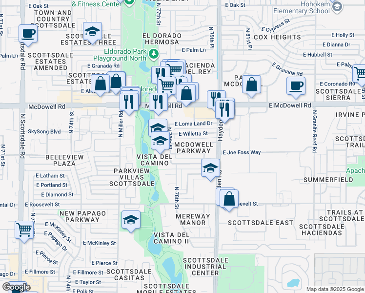 map of restaurants, bars, coffee shops, grocery stores, and more near 7825 East Belleview Street in Scottsdale