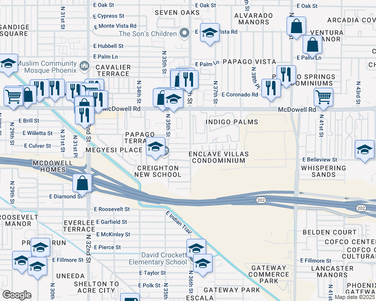 map of restaurants, bars, coffee shops, grocery stores, and more near 1220 North 36th Street in Phoenix
