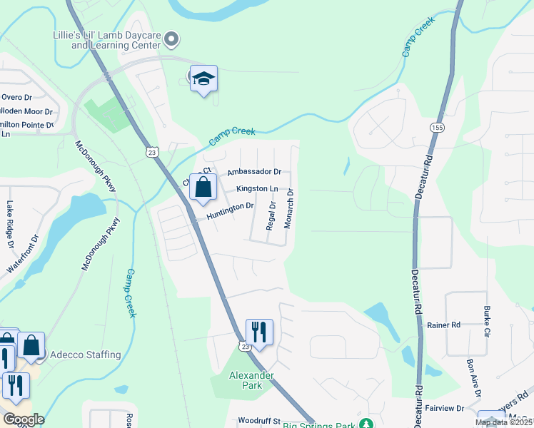 map of restaurants, bars, coffee shops, grocery stores, and more near 3071 Regal Drive in McDonough
