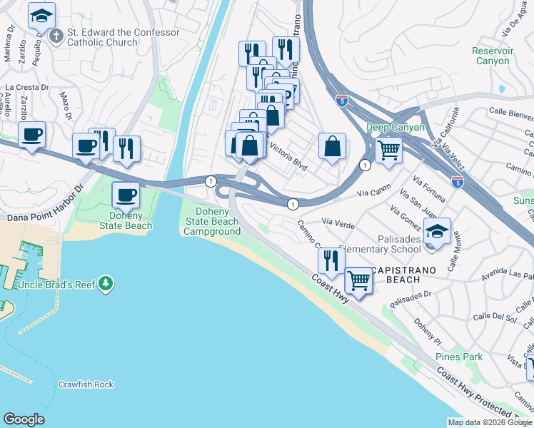 map of restaurants, bars, coffee shops, grocery stores, and more near 25952 View Point Drive West in Dana Point