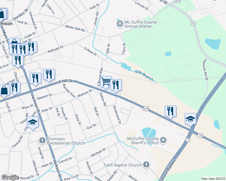 map of restaurants, bars, coffee shops, grocery stores, and more near 639 Augusta Highway in Thomson