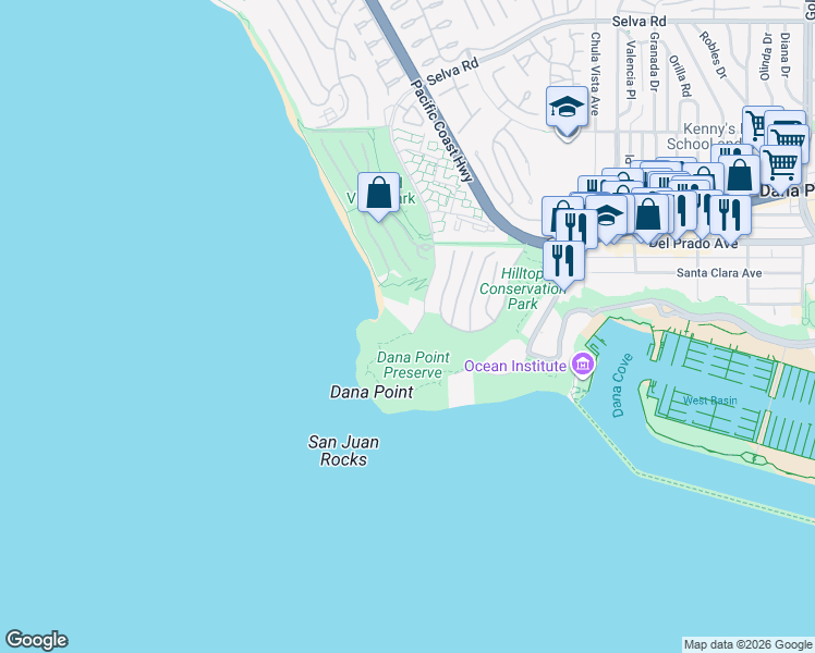 map of restaurants, bars, coffee shops, grocery stores, and more near 34385 Dana Strand Road in Dana Point