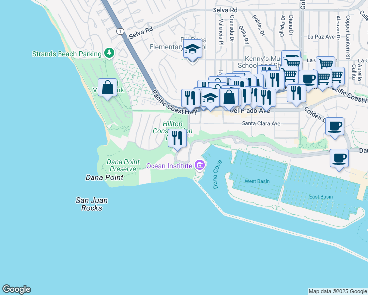 map of restaurants, bars, coffee shops, grocery stores, and more near 3 Monarch Bay Plaza in Dana Point