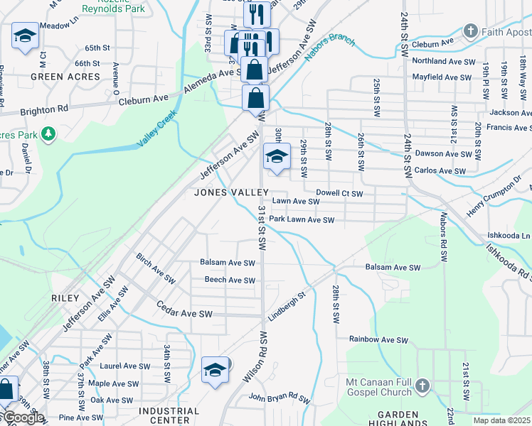 map of restaurants, bars, coffee shops, grocery stores, and more near 2129 31st Street Southwest in Birmingham