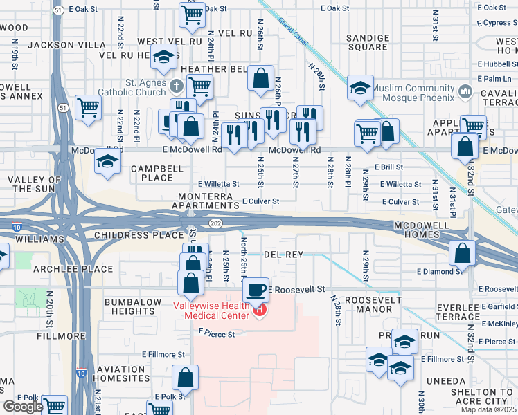 map of restaurants, bars, coffee shops, grocery stores, and more near 1218 North 26th Street in Phoenix