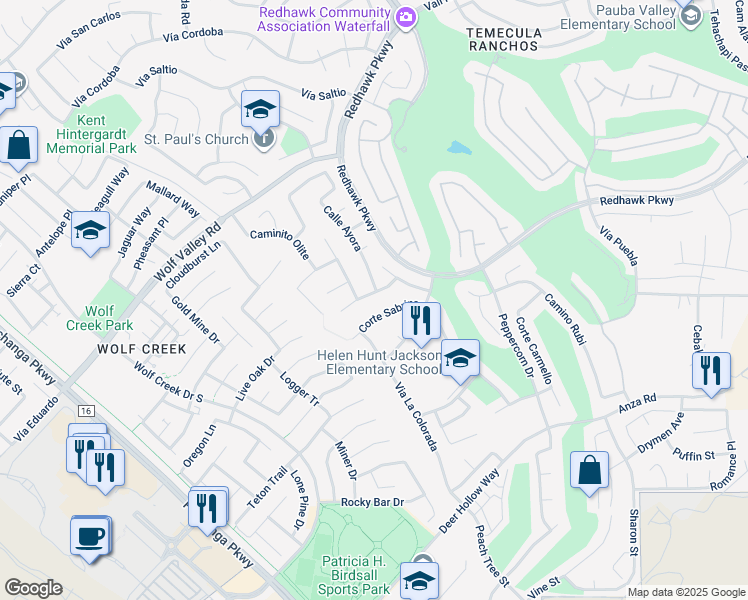 map of restaurants, bars, coffee shops, grocery stores, and more near 32197 Callesito Fadrique in Temecula