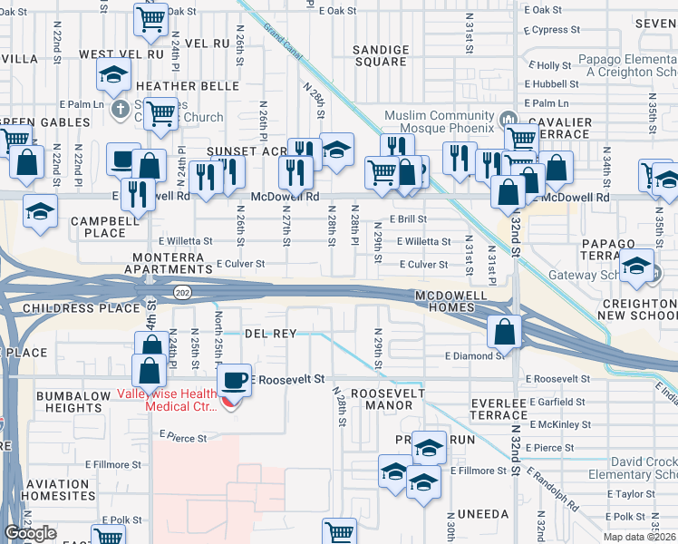 map of restaurants, bars, coffee shops, grocery stores, and more near 1322 North 28th Street in Phoenix