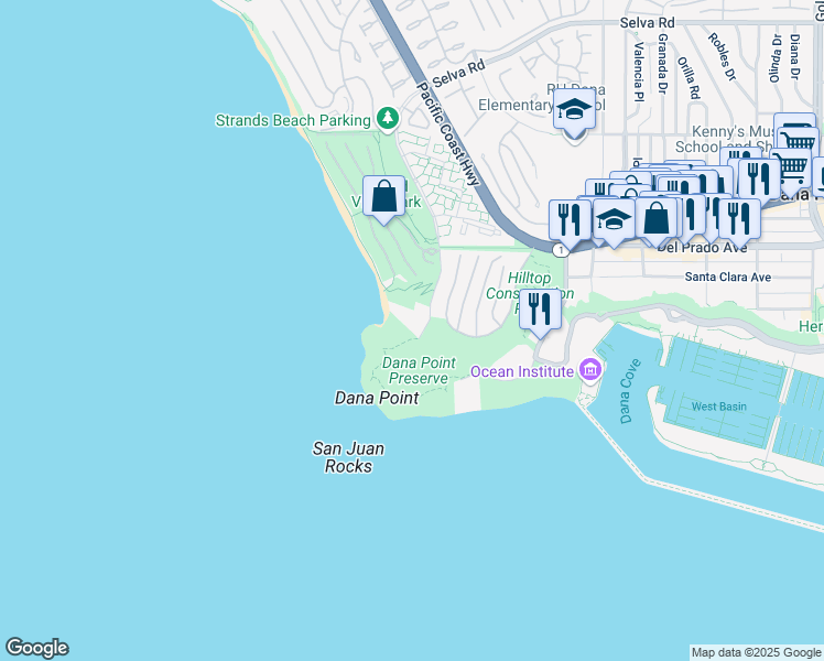 map of restaurants, bars, coffee shops, grocery stores, and more near 34385 Dana Strand Road in Dana Point