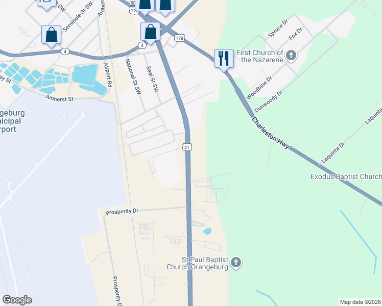 map of restaurants, bars, coffee shops, grocery stores, and more near 1819 Rowesville Road in Orangeburg