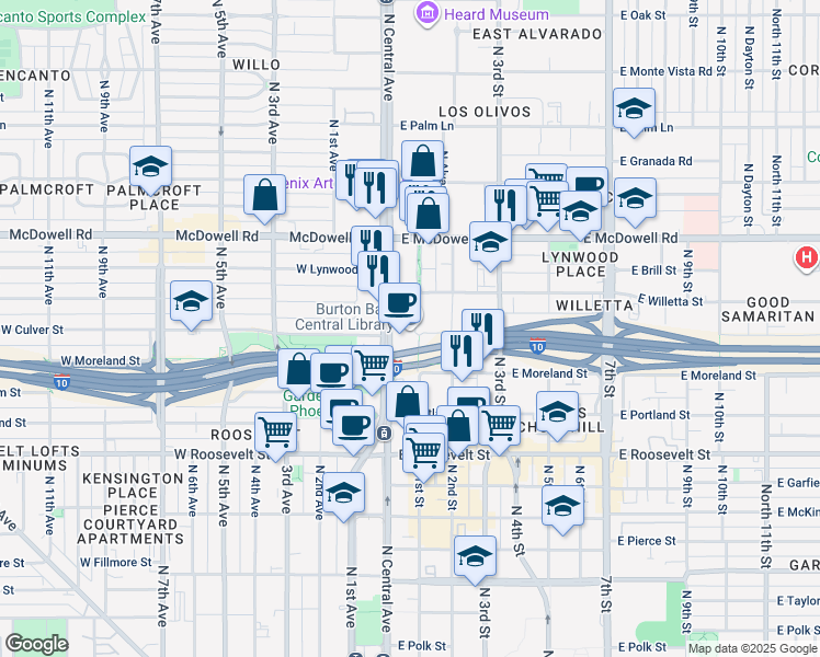 map of restaurants, bars, coffee shops, grocery stores, and more near 1221 North Central Avenue in Phoenix