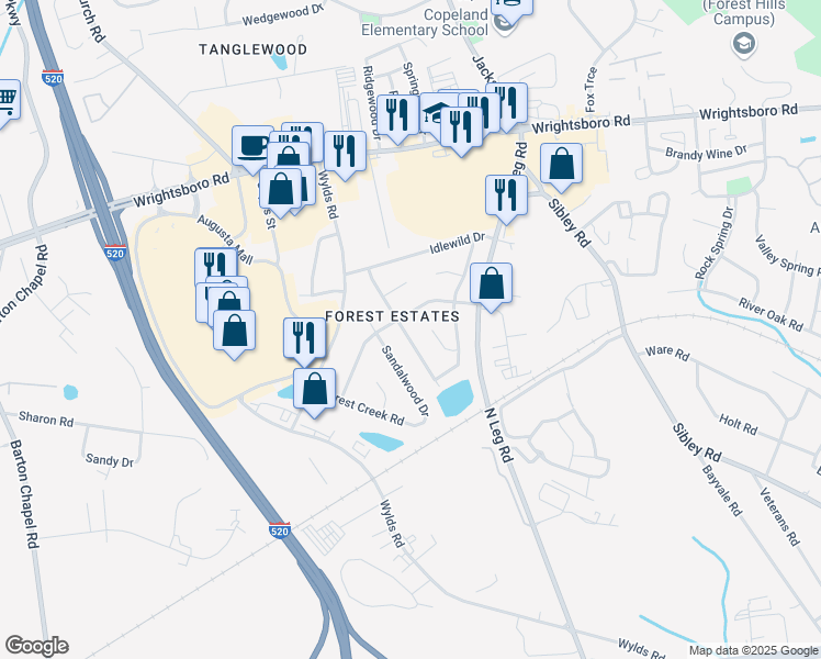 map of restaurants, bars, coffee shops, grocery stores, and more near 1704 Greenway Drive in Augusta