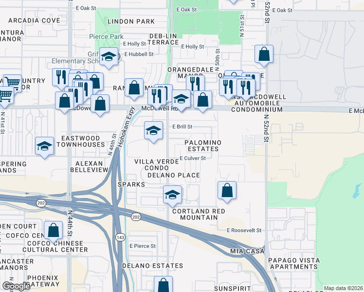 map of restaurants, bars, coffee shops, grocery stores, and more near 4838 East Willetta Street in Phoenix