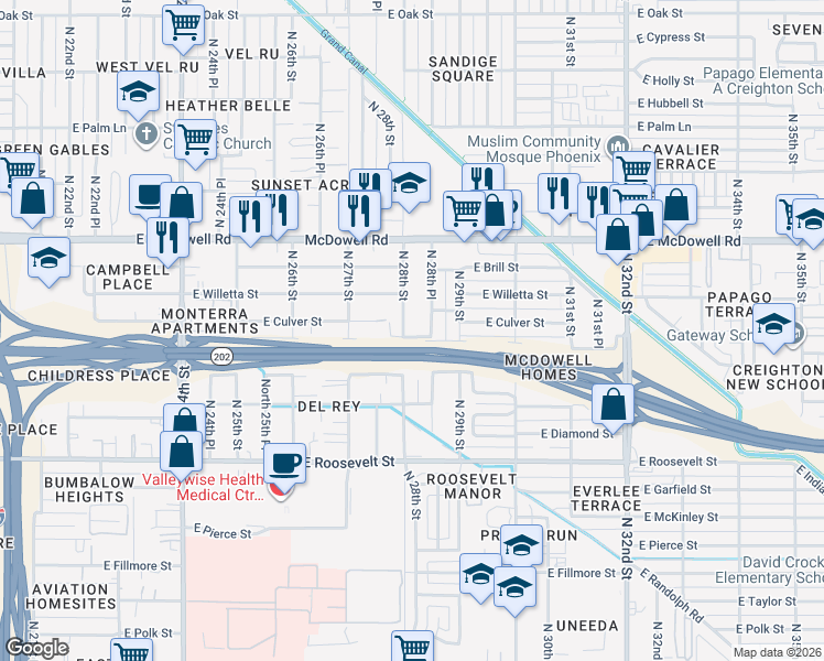 map of restaurants, bars, coffee shops, grocery stores, and more near 1322 North 28th Street in Phoenix