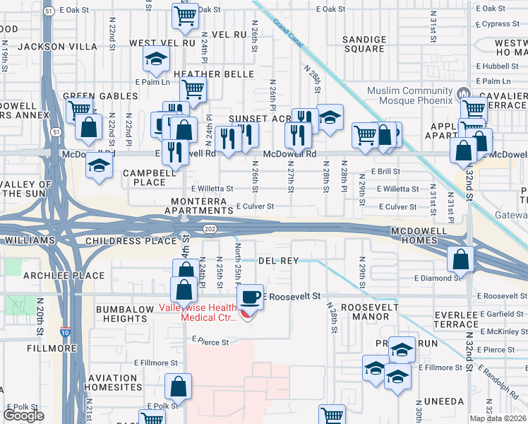 map of restaurants, bars, coffee shops, grocery stores, and more near 2542 East Culver Street in Phoenix
