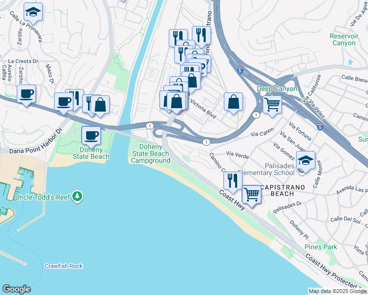 map of restaurants, bars, coffee shops, grocery stores, and more near 25856 Vista Drive West in Dana Point