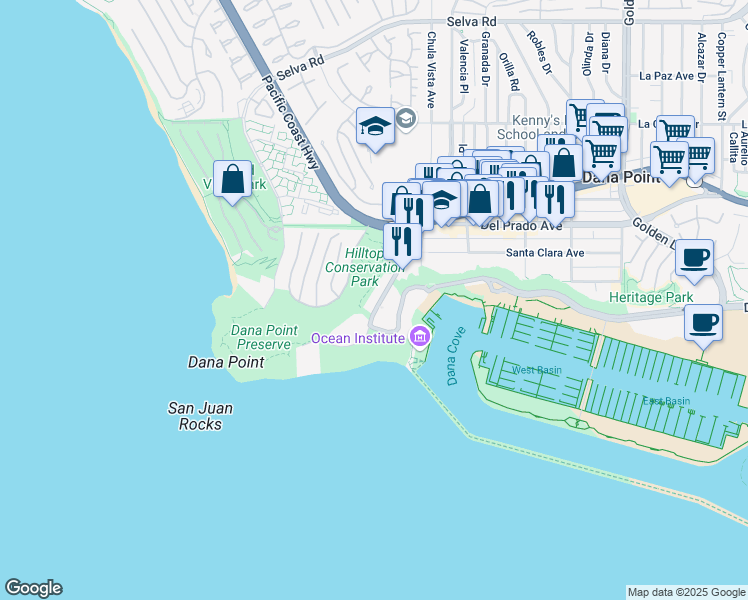 map of restaurants, bars, coffee shops, grocery stores, and more near 34331 Street of the Green Lantern in Dana Point