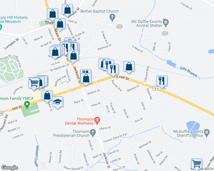 map of restaurants, bars, coffee shops, grocery stores, and more near 201-399 Highway 10 in Thomson