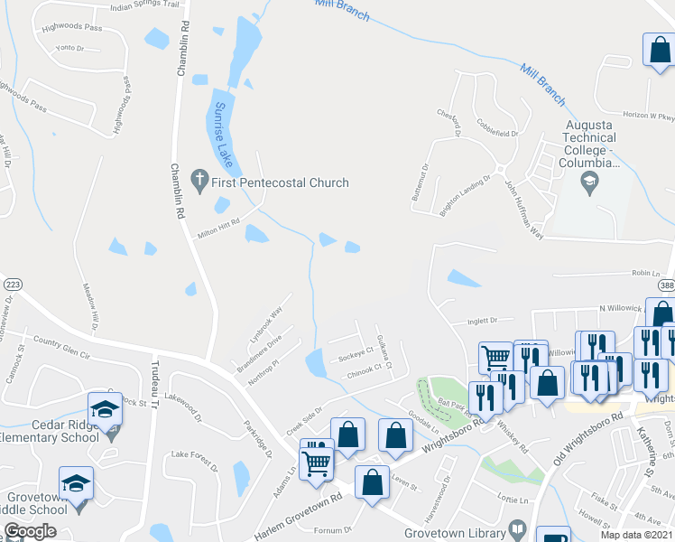 map of restaurants, bars, coffee shops, grocery stores, and more near 409 Whiskey Road in Grovetown