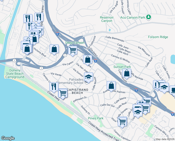 map of restaurants, bars, coffee shops, grocery stores, and more near 26525 Via Sacramento in Dana Point