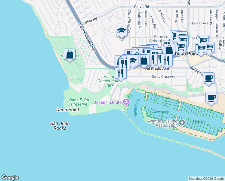 map of restaurants, bars, coffee shops, grocery stores, and more near 34403 Street of the Green Lantern in Dana Point