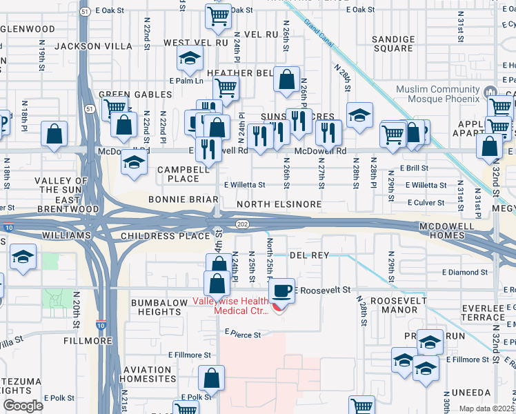 map of restaurants, bars, coffee shops, grocery stores, and more near 2512 East Culver Street in Phoenix