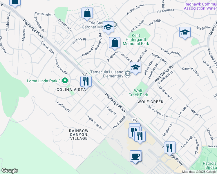 map of restaurants, bars, coffee shops, grocery stores, and more near 31505 Six Rivers Court in Temecula