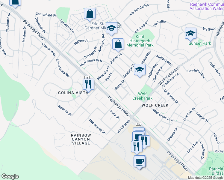 map of restaurants, bars, coffee shops, grocery stores, and more near 31505 Six Rivers Court in Temecula