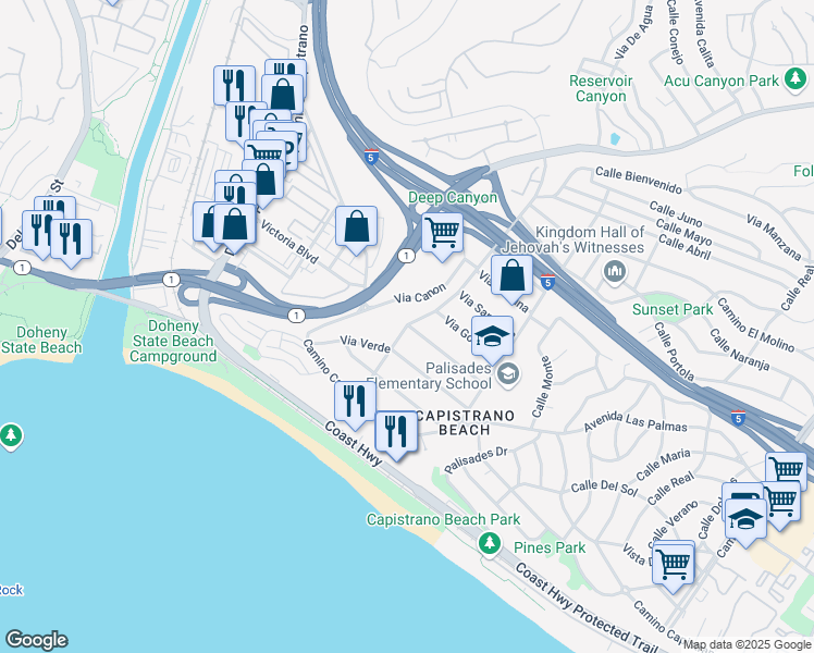 map of restaurants, bars, coffee shops, grocery stores, and more near 26291 Via California in Dana Point