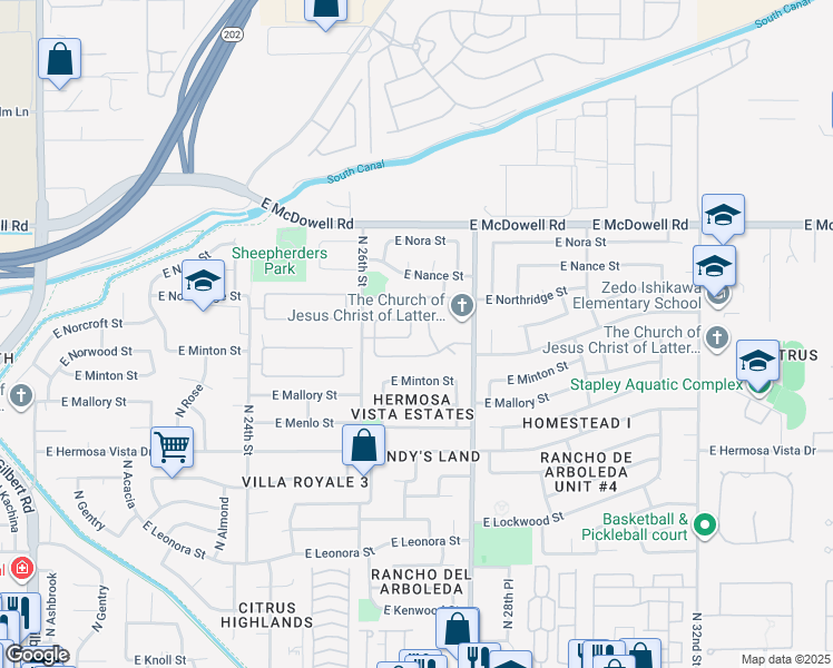 map of restaurants, bars, coffee shops, grocery stores, and more near 2717 East Northridge Street in Mesa