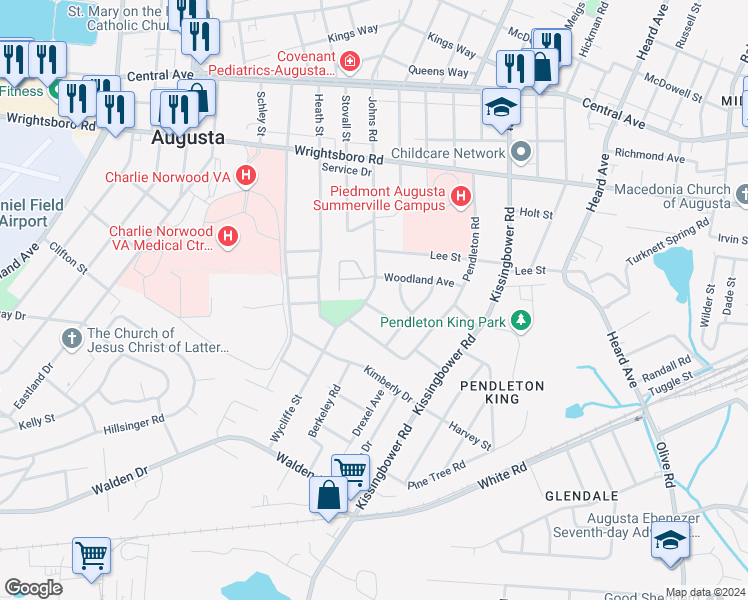 map of restaurants, bars, coffee shops, grocery stores, and more near 2229 Norman Street in Augusta