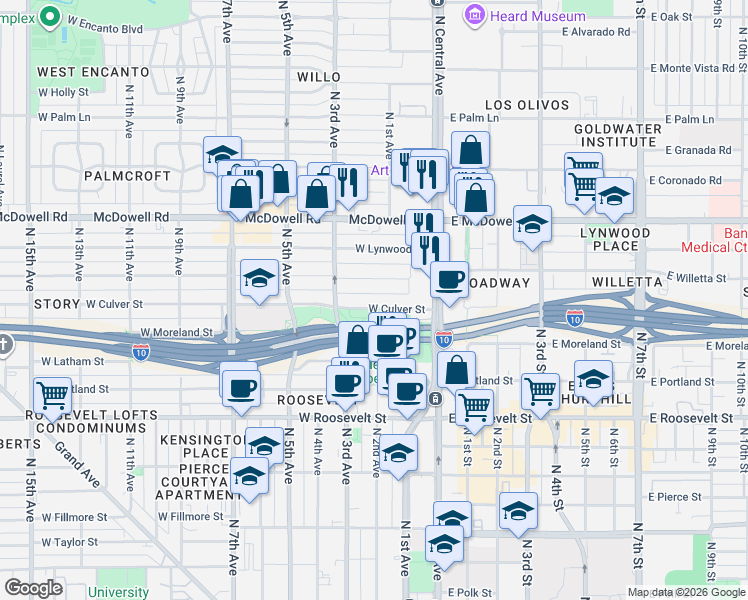 map of restaurants, bars, coffee shops, grocery stores, and more near 69 West Willetta Street in Phoenix