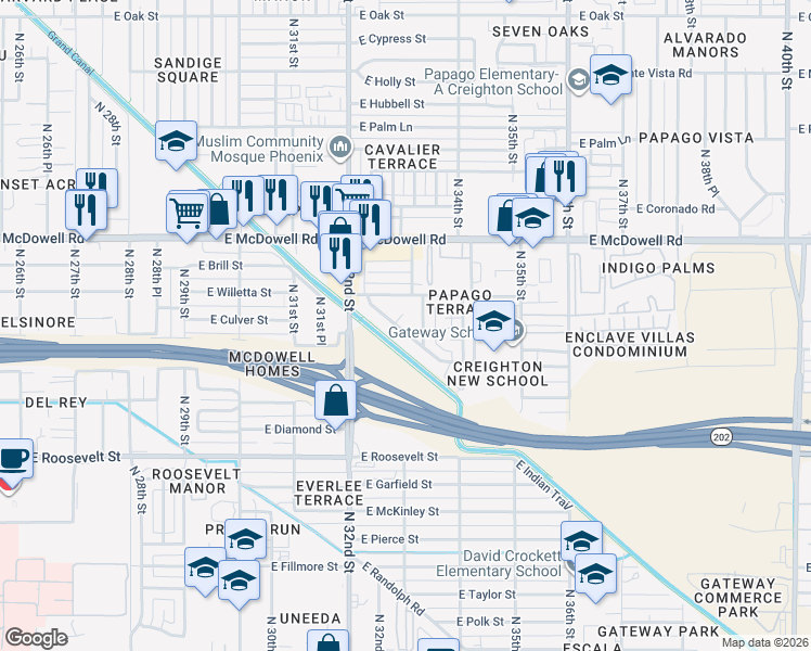 map of restaurants, bars, coffee shops, grocery stores, and more near 3250 East Priscilla Court in Phoenix
