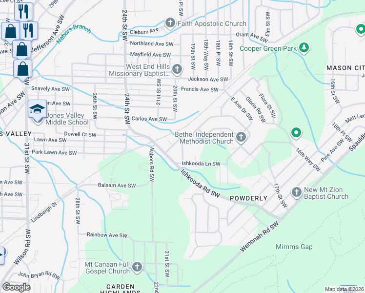 map of restaurants, bars, coffee shops, grocery stores, and more near 2210 20th Street Southwest in Birmingham