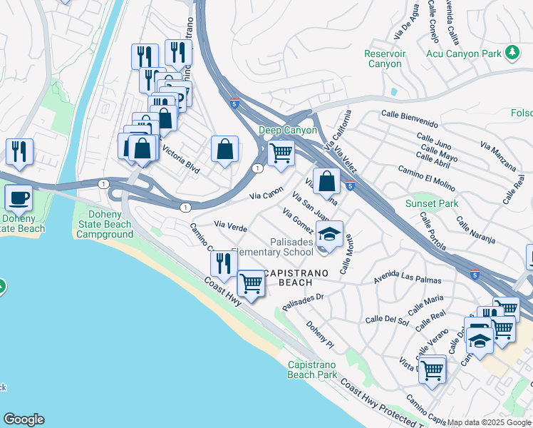 map of restaurants, bars, coffee shops, grocery stores, and more near 26302 Via California in Dana Point