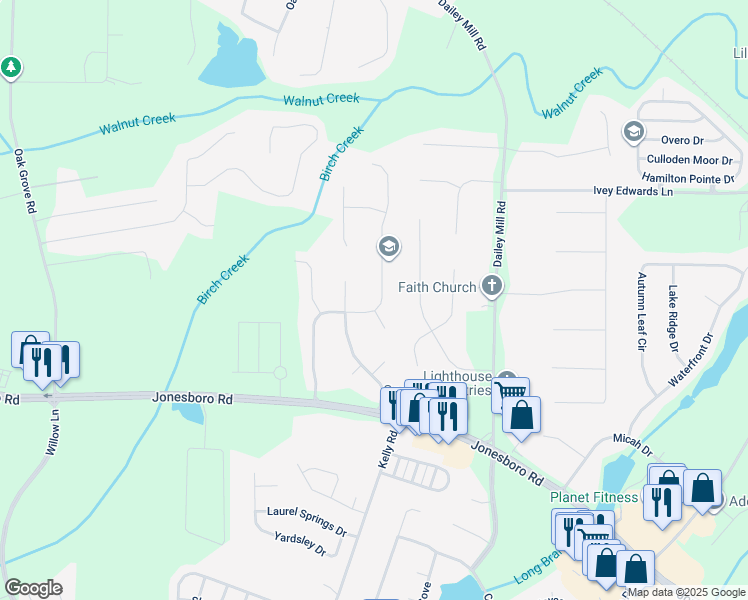 map of restaurants, bars, coffee shops, grocery stores, and more near 701 Monticello Lane in McDonough