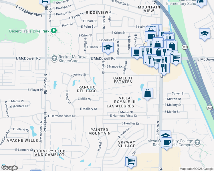 map of restaurants, bars, coffee shops, grocery stores, and more near 6456 East Norwood Circle in Mesa