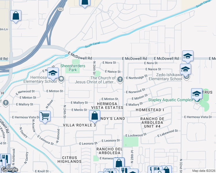 map of restaurants, bars, coffee shops, grocery stores, and more near 2717 East Northridge Street in Mesa