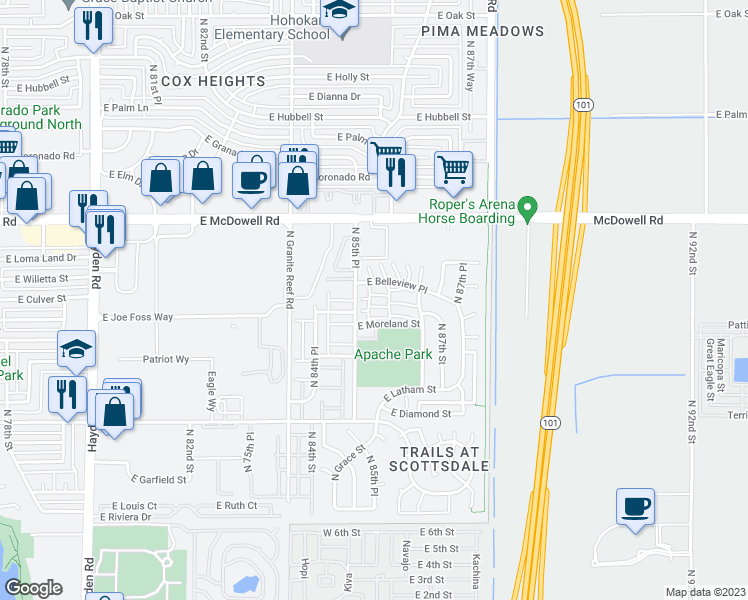 map of restaurants, bars, coffee shops, grocery stores, and more near 1151 East Belleview Place in Scottsdale